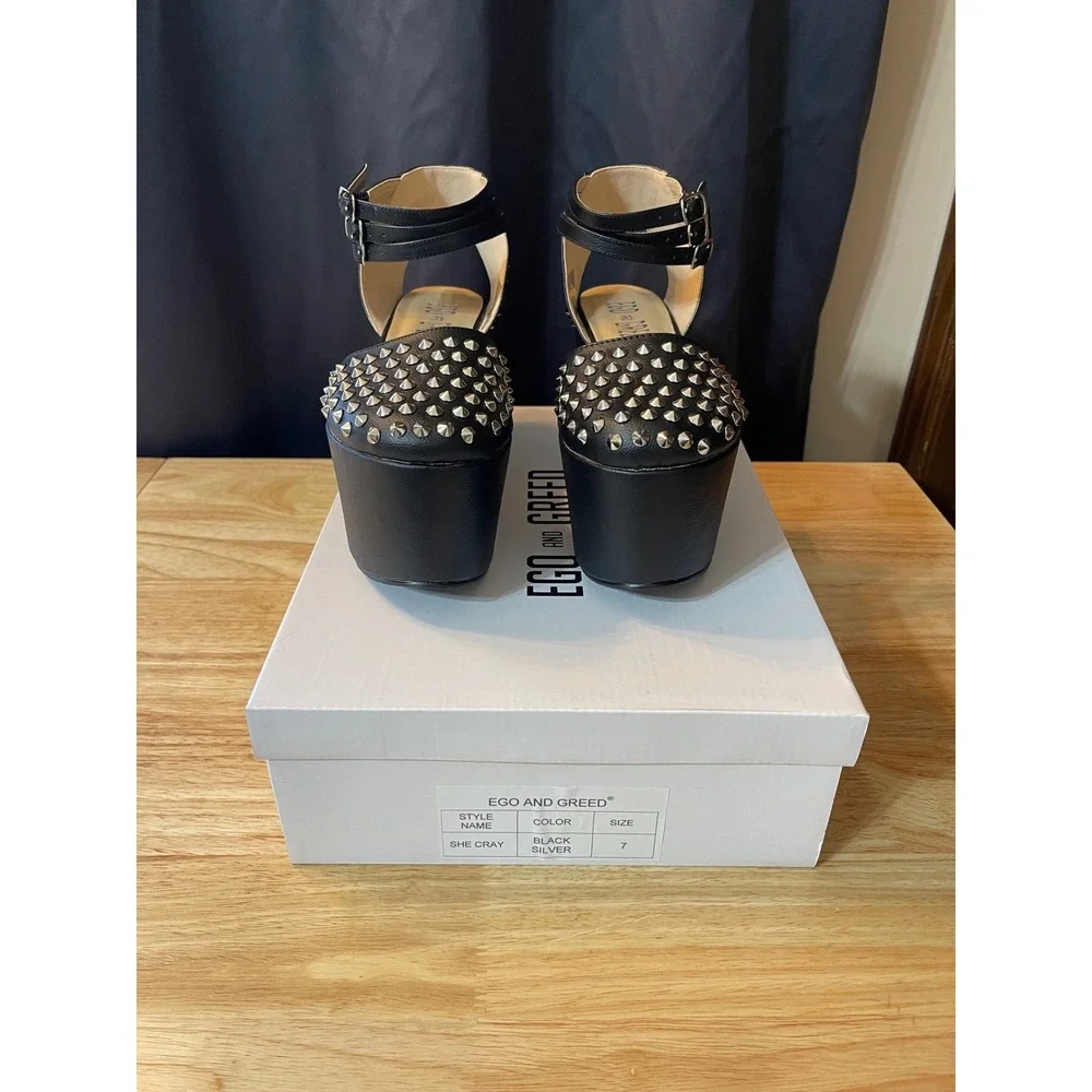 Ego and Greed She Cray Black Studded Platform Wedge Sandals Womens Size 7 Punk